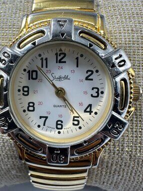Vintage Sheffield Watch Women White Dial Gold Tone Stretch Band New Battery